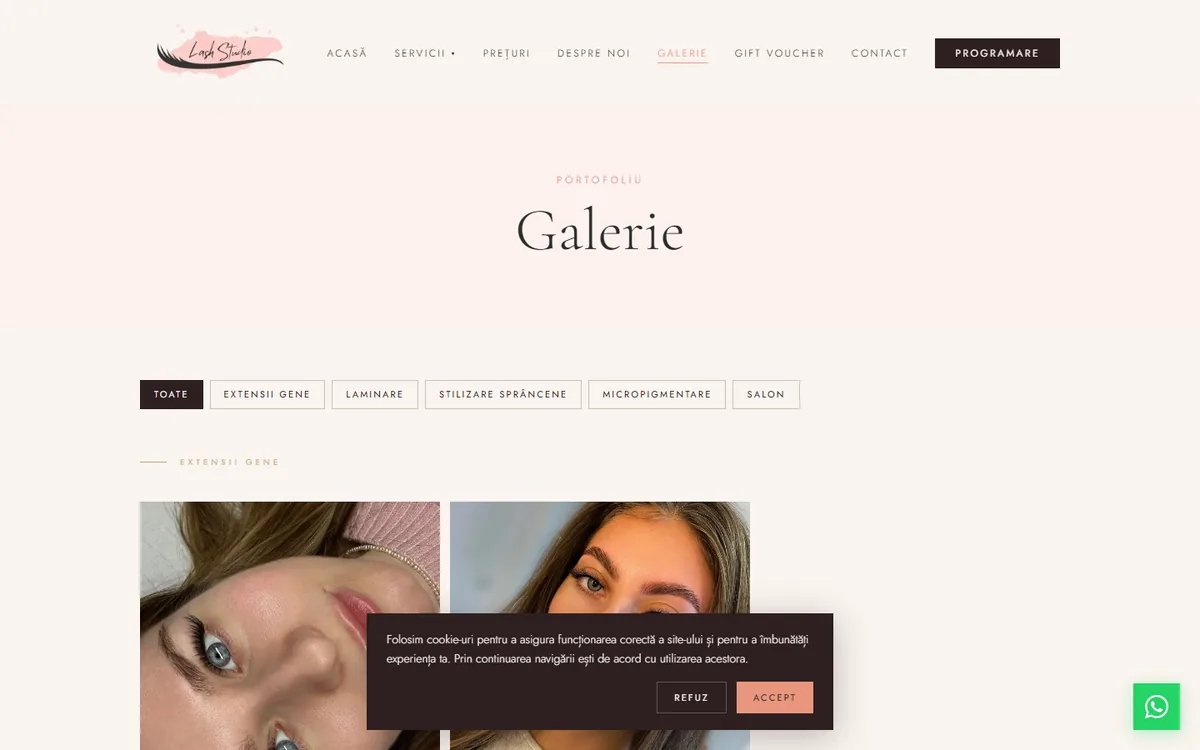 Galeria lashstudio.ro cu filtre categorii şi lightbox click-to-zoom