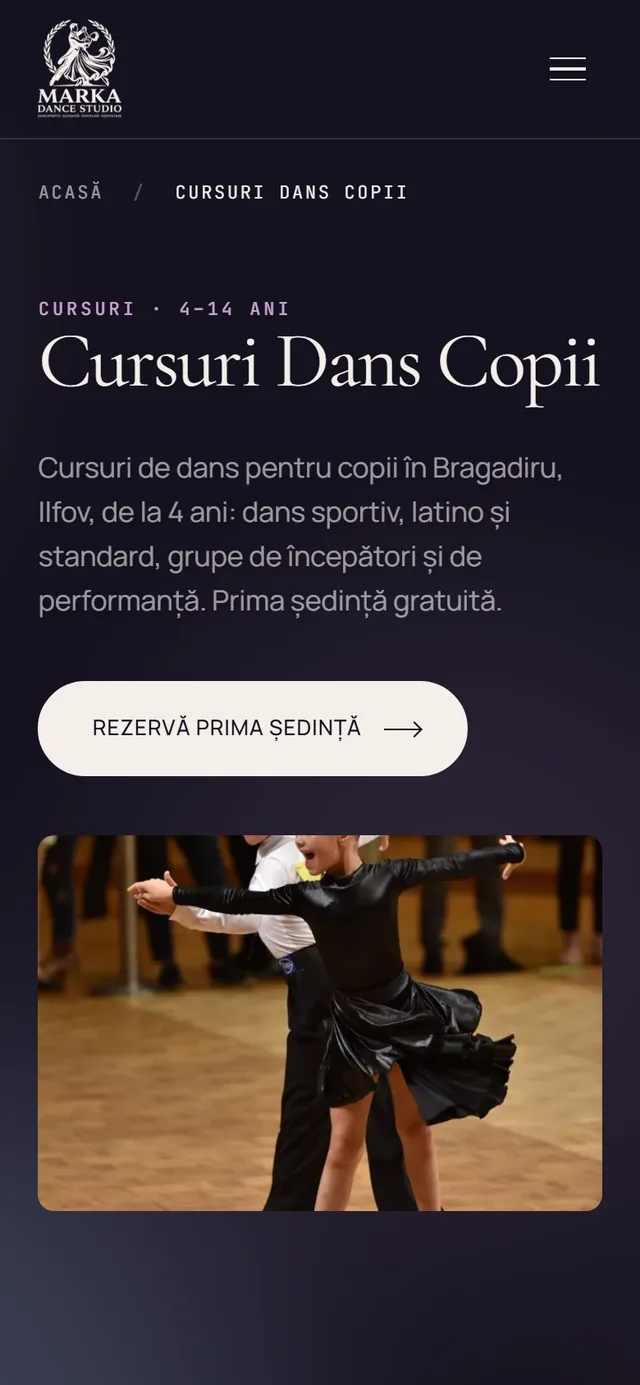 Pagina Cursuri Dans Copii pe telefon, cu buton Rezervă prima ședință