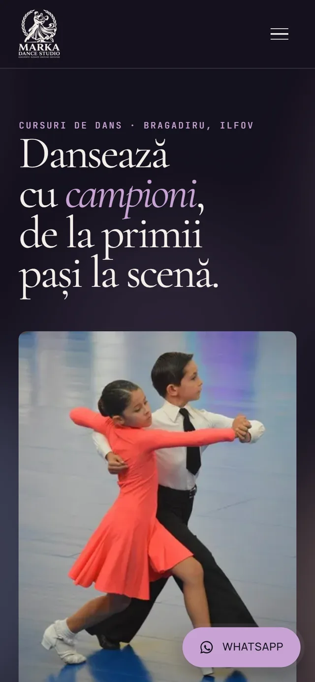 Marka Dance Studio, homepage pe telefon, cu hero-ul Dansează cu campioni